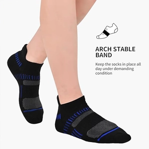 Detail of arch stable band on breathable mesh sports socks for men in black and blue