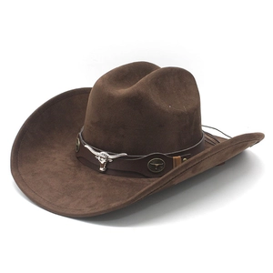 Chapeau De Cowboy Occidental Vintage Suédine Large Bord Avec Boucle En Métal Tête De Taureau Bande Cuir