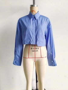 Detail of blue and white striped cropped shirt featuring a collared neck and wide cuffs