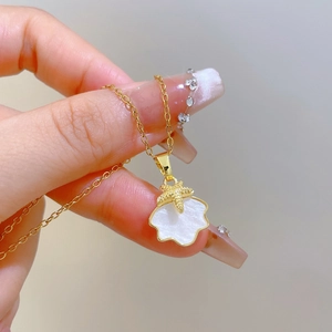 Primo piano di una collana d'oro con ciondolo a conchiglia bianca e charm a forma di stella