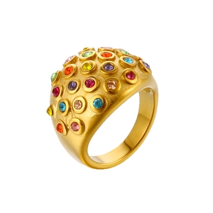 Retro stainless steel dome bubble ring with colorful zircon stones in gold finish
