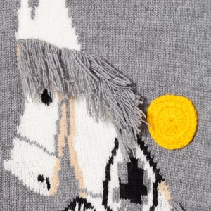 Women's gray wool knit sweater with white horse embroidery and fringe details