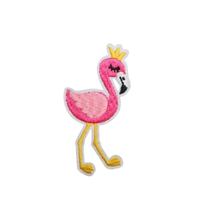 Pink flamingo embroidered patch with golden crown detail on a clean white background