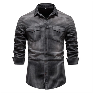 Men's washed charcoal striped denim long sleeve shirt with classic double breast pockets