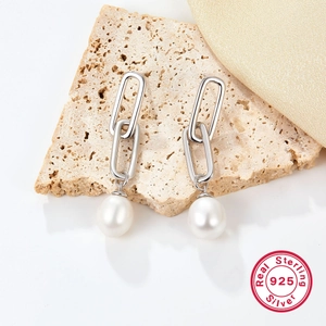 Elegant 925 sterling silver drop earrings with natural white pearls on stone
