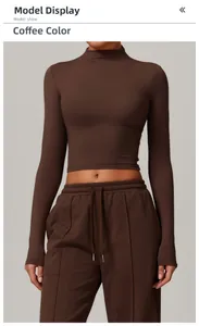 Detail of coffee brown long sleeve high neck yoga top with matching drawstring sweatpants