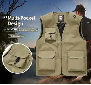 Detail of khaki outdoor fishing vest showing multi-pocket design and breathable mesh lining