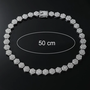 Silver iced out hexagonal link hip hop necklace with full crystal pave 50cm length