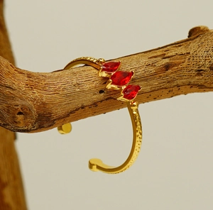 Detail eines goldenen Armreifs mit roten Markasit-Steinen auf einem Holzast