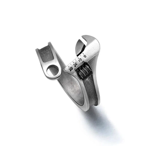 Adjustable wrench-shaped ring in vintage silver finish with engraved scale markings