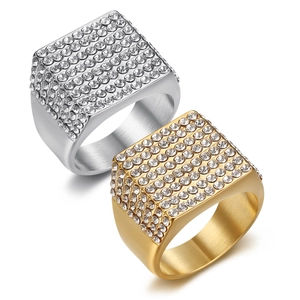 Men Hip Hop Stainless Steel Square Pave Rhinestone Ring Gold Silver Plated Punk Brushed Metal Band Ring Jewelry Gift