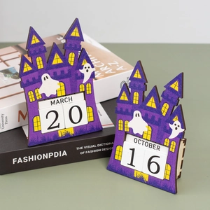Detail of wooden Halloween countdown calendar showing interchangeable dates on books