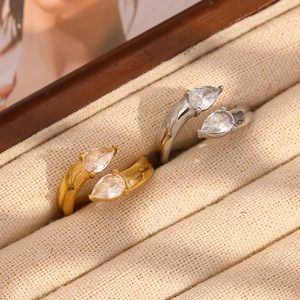 18K gold plated stainless steel open ring with dual pear cut cubic zirconia stones