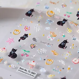 3D embossed glow-in-the-dark nail stickers featuring cute cartoon black cats and flowers
