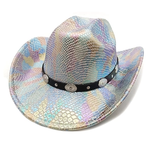 Iridescent rainbow cowboy hat with snake skin texture and metal concho band detail