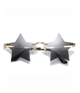 Detailed specs of star shaped rimless sunglasses with gold metal frames and gray lenses