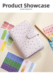 Close-up of light purple ostrich texture A6 binder with colorful planner stickers and pen