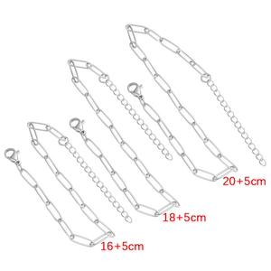Three sizes of silver paperclip chain bracelets with lobster clasps and extension links
