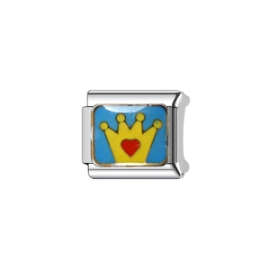 Detail of Italian charm bracelet link with yellow crown and red heart on blue enamel