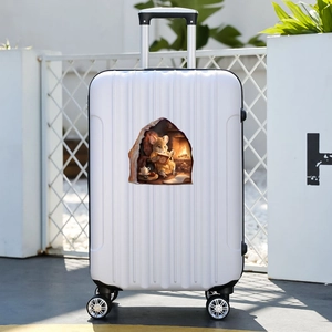 White suitcase featuring a 3D cartoon mouse reading in a hole wall sticker decor