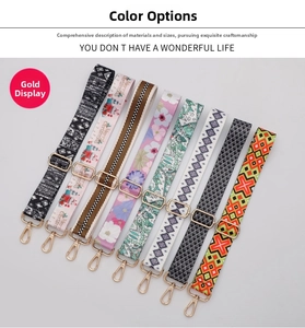 Detailed fan-shaped layout of adjustable ethnic patterns bag straps with gold metal hooks