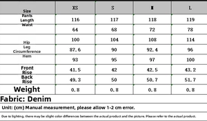 Detailed size chart for women's high waist wide leg denim jeans with measurements in CM