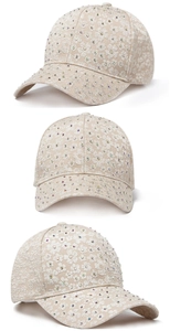 Detail view of beige lace baseball cap with colorful rhinestones from multiple angles