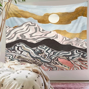 Abstract mountain landscape wall tapestry in a minimalist bedroom setting
