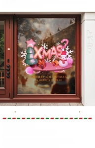 Detailed 3D Christmas window stickers featuring pink stars and a snowman on a glass door