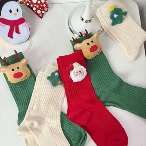 Festive Christmas cotton crew socks featuring 3D Santa and Reindeer plush patches