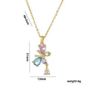 Golden butterfly necklace with colorful pear-shaped cubic zirconia and measurement specs