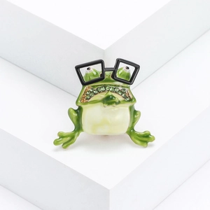 Fashion Creative Frog Brooch Alloy Enamel Green Rhinestone Wearing Glasses Animal Lapel Pin Novelty Accessory For Women