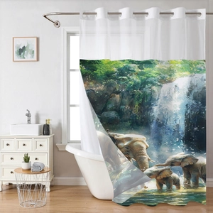 Detail of waterproof waffle shower curtain with elephant and waterfall print and grommets