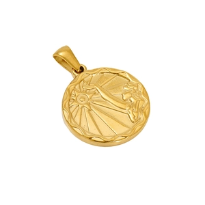 Minimalist gold titanium steel zodiac sun necklace pendant on a white background