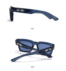 Detail view of navy blue square sunglasses with metallic rivets and side profile