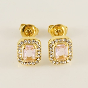 Square pink zircon halo stud earrings with 18K gold plating and white micro-inlay accents