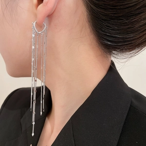 Close-up of elegant long silver tassel earrings with multiple metal chains on a model