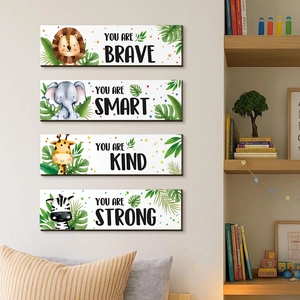Set of 4 jungle animal wooden wall plaques with inspirational quotes for kids room