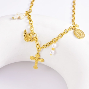 Vintage gold stainless steel necklace with religious cross, angel, and pearl charms