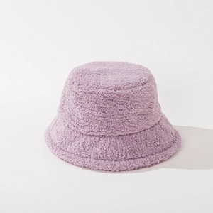 Close-up of soft lavender lamb wool bucket hat showing plush texture and fiber details