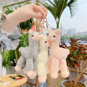 Cute alpaca plush keychain set in grey white and pink with metal hooks for bags