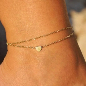 Double layered gold heart anklet with letter A pendant for women beach jewelry gift