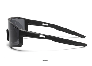 Side view of outdoor sports sunglasses with black frame and grey lenses for cycling