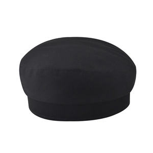 Close-up detail of a minimalist black military beret cap with neat edge stitching