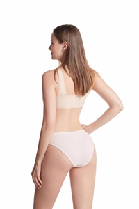 Detail view of pink ribbed cotton panties and seamless beige bra showing fit and fabric texture
