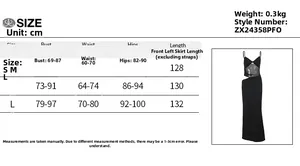 Detailed size guide table with measurements for the mesh patchwork slim sling dress