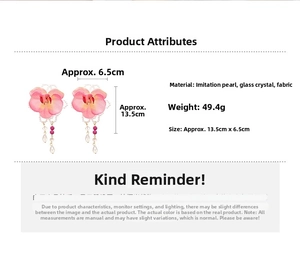 Detailed size chart for handmade fabric orchid drop earrings with pearls and crystals