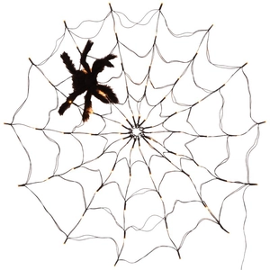 Halloween cobweb string lights with warm LED beads and a large black plush spider toy