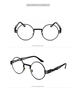 Detail of round punk metal glasses in black with unique spiral woven temple design
