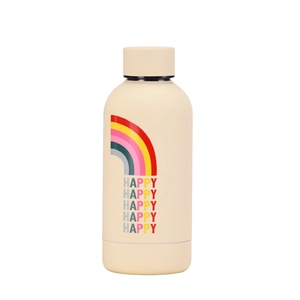 Detail of matte cream stainless steel bottle with colorful rainbow and HAPPY lettering